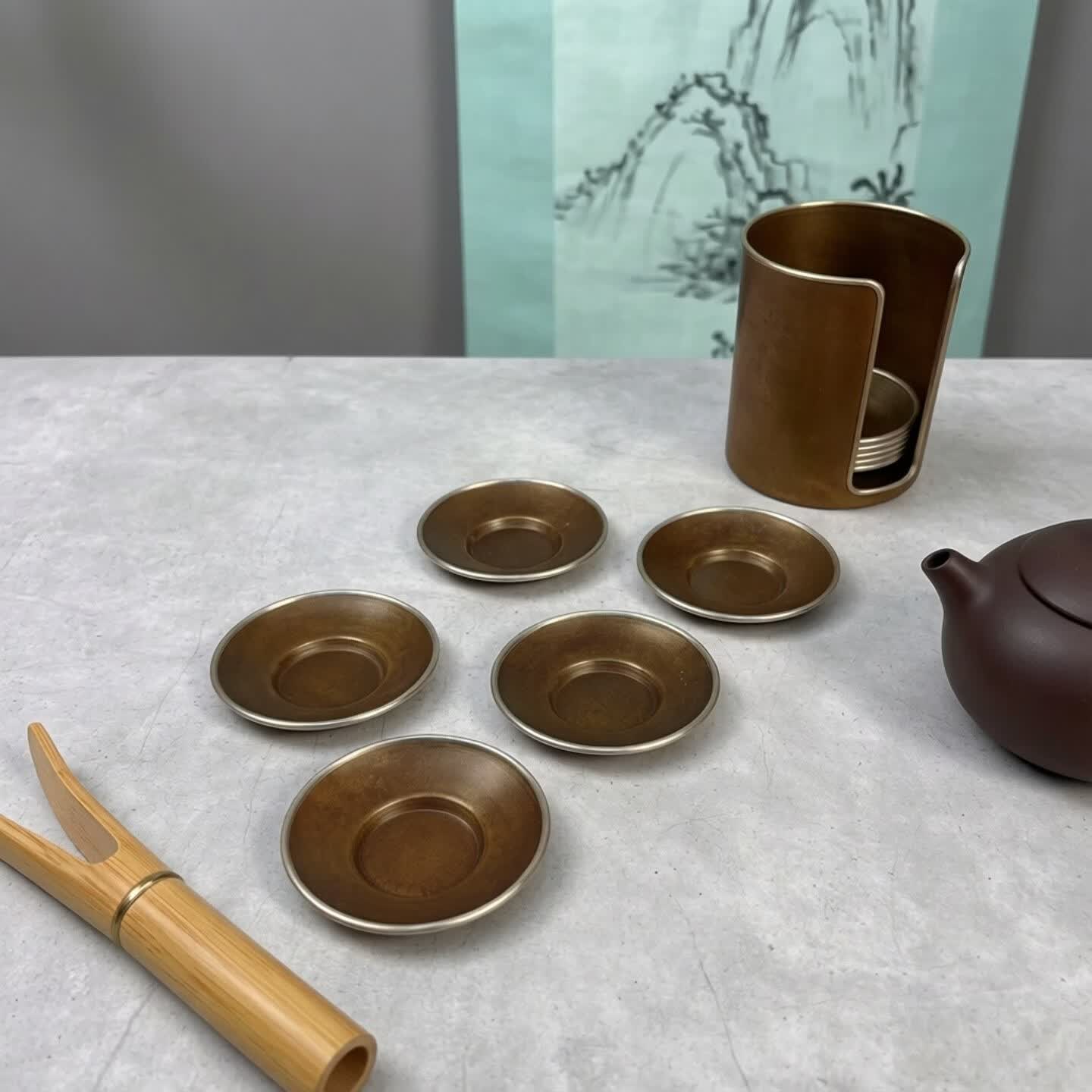 日式复古紫铜杯垫仓手工制作极简风茶具配件茶托功夫茶具配件 紫铜杯垫仓