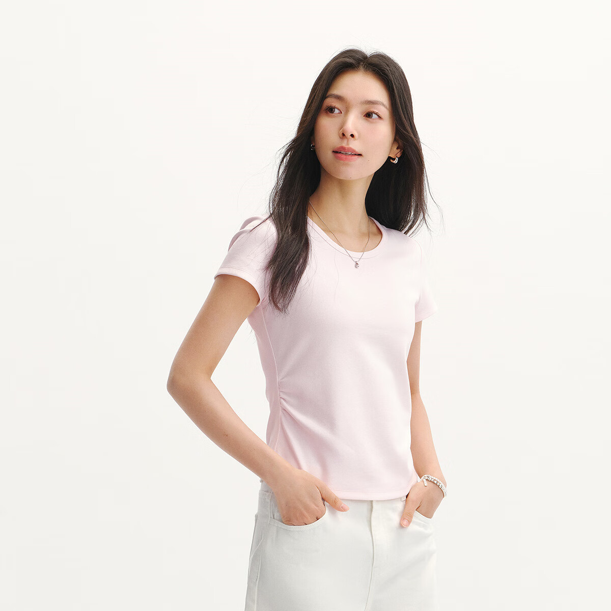 森马(Semir)短袖t恤女短款修身正肩圆领凉感透气上衣2026夏装新款辣妹打底衫 梦幻粉60344 3XL