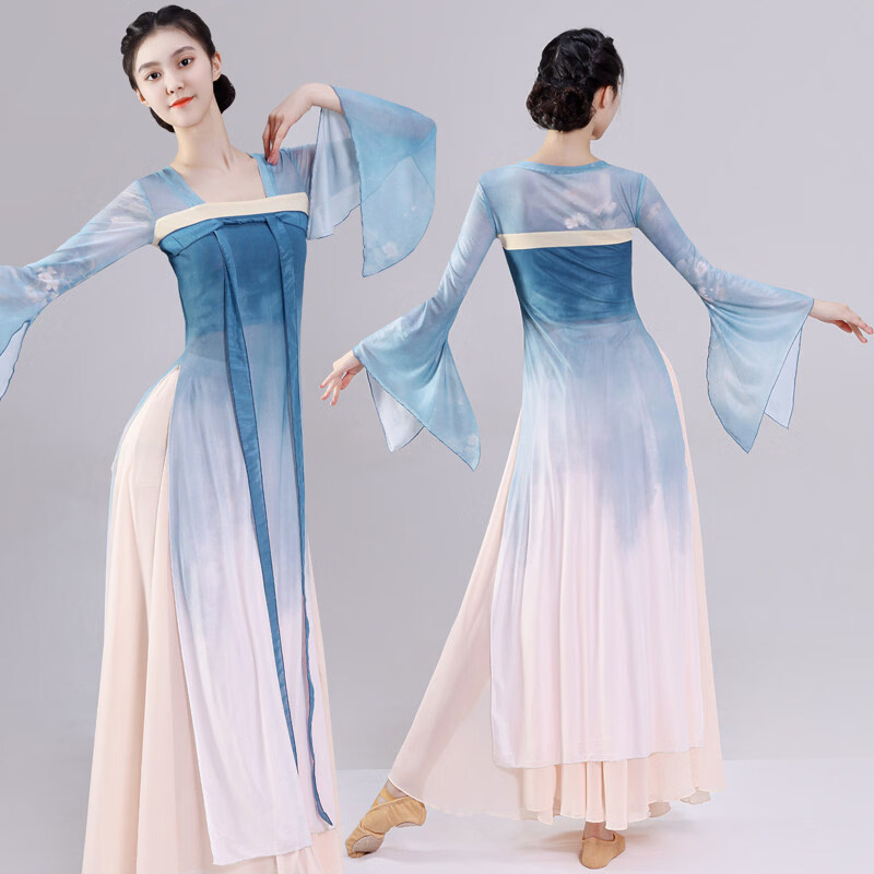 汉服古典舞舞蹈服女身韵纱衣汉唐齐胸飘带古风飘逸 山海蓝单纱衣 S