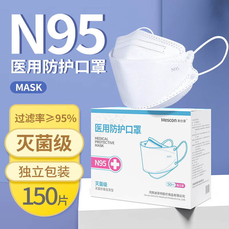 美仕康n95级韩式柳叶鱼型独立灭菌立体透气时尚一次性医用防护口罩 医用鱼型n95 150只