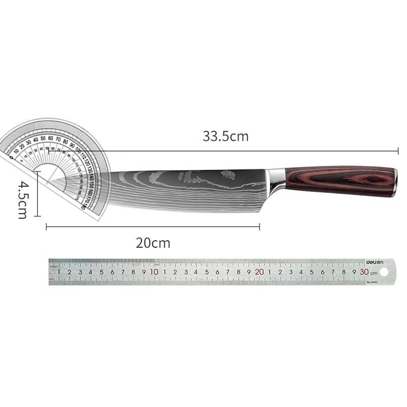 胖东来同款大马士革纹三德刀家用锋利菜刀激光纹厨师切肉刀日式料 酒红色 60°以上 x 20cm x 13.5cm