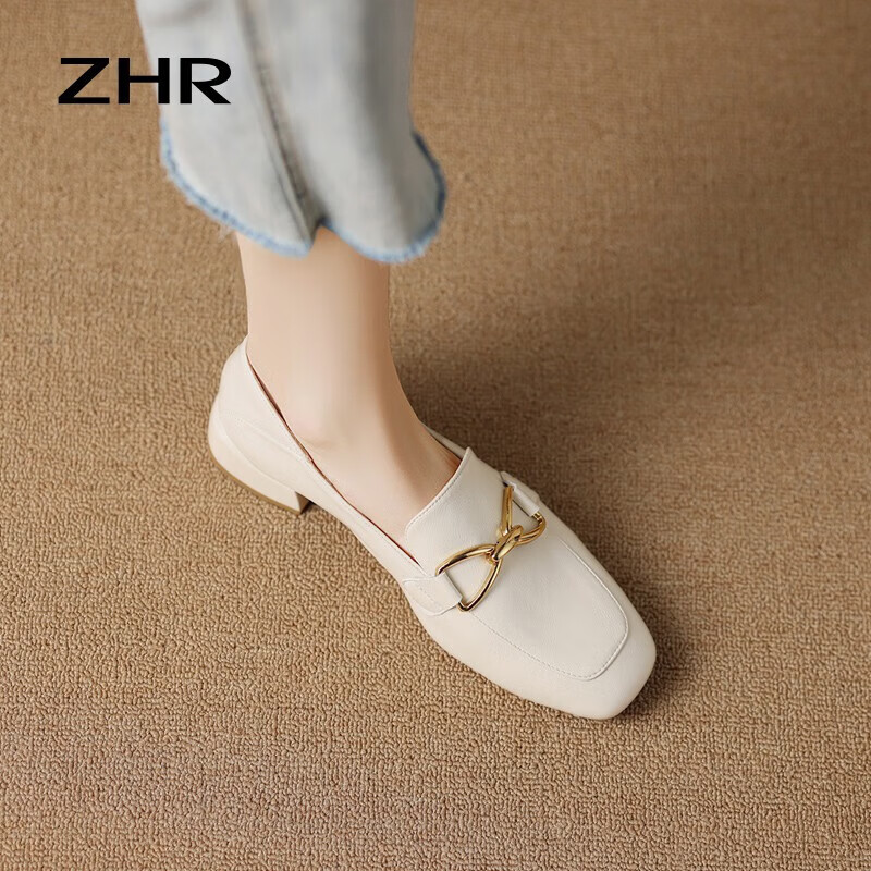ZHR则则单鞋女秋季新品蝴蝶结金属饰扣休闲鞋子女百搭真牛皮透气舒适 米色 37
