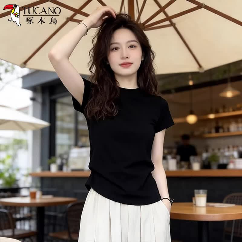 啄木鸟正肩短袖t恤女春夏2026新款内搭圆领百搭修身显瘦上衣 黑色 L