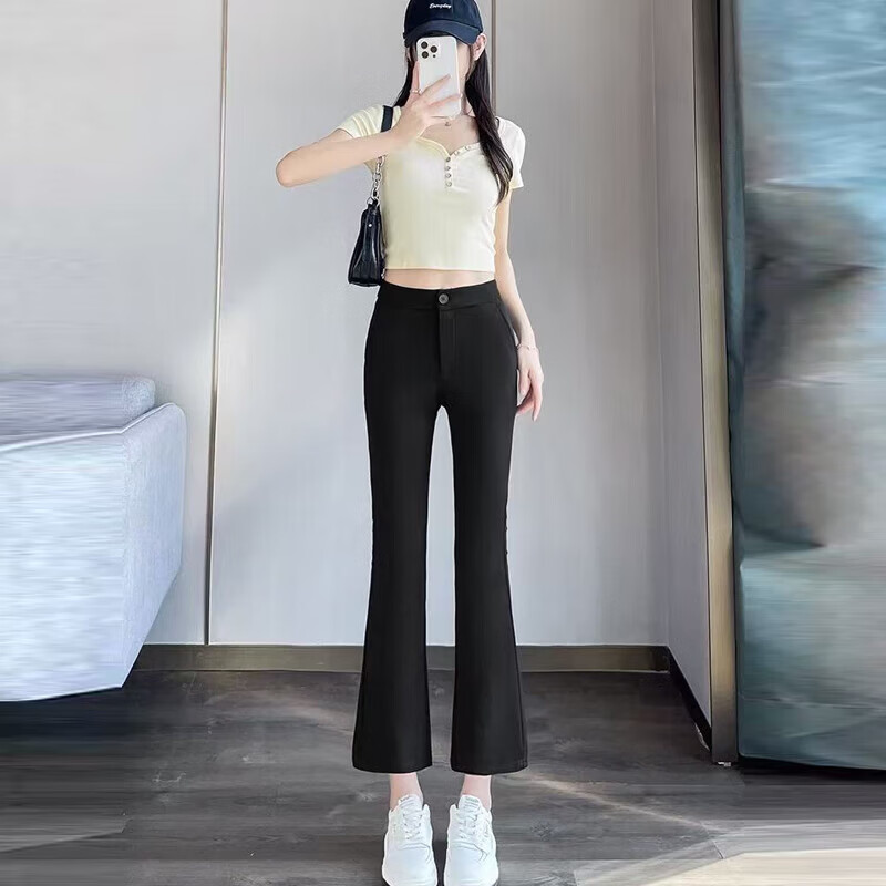 韩版黑色西装裤女春秋新款高腰显瘦直筒裤职业修身时尚气质微喇裤 1687黑色#微喇【小个子款】 XL 推荐【116-125斤】