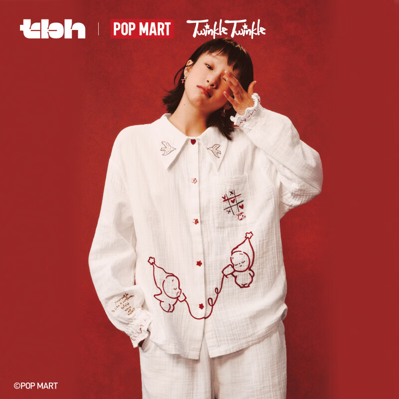 野兽派家居（tbh）星星人全棉双层纱刺绣家居服长款套装可外穿睡衣女 星星人全棉双层纱刺绣家居服 爱的简笔画 S