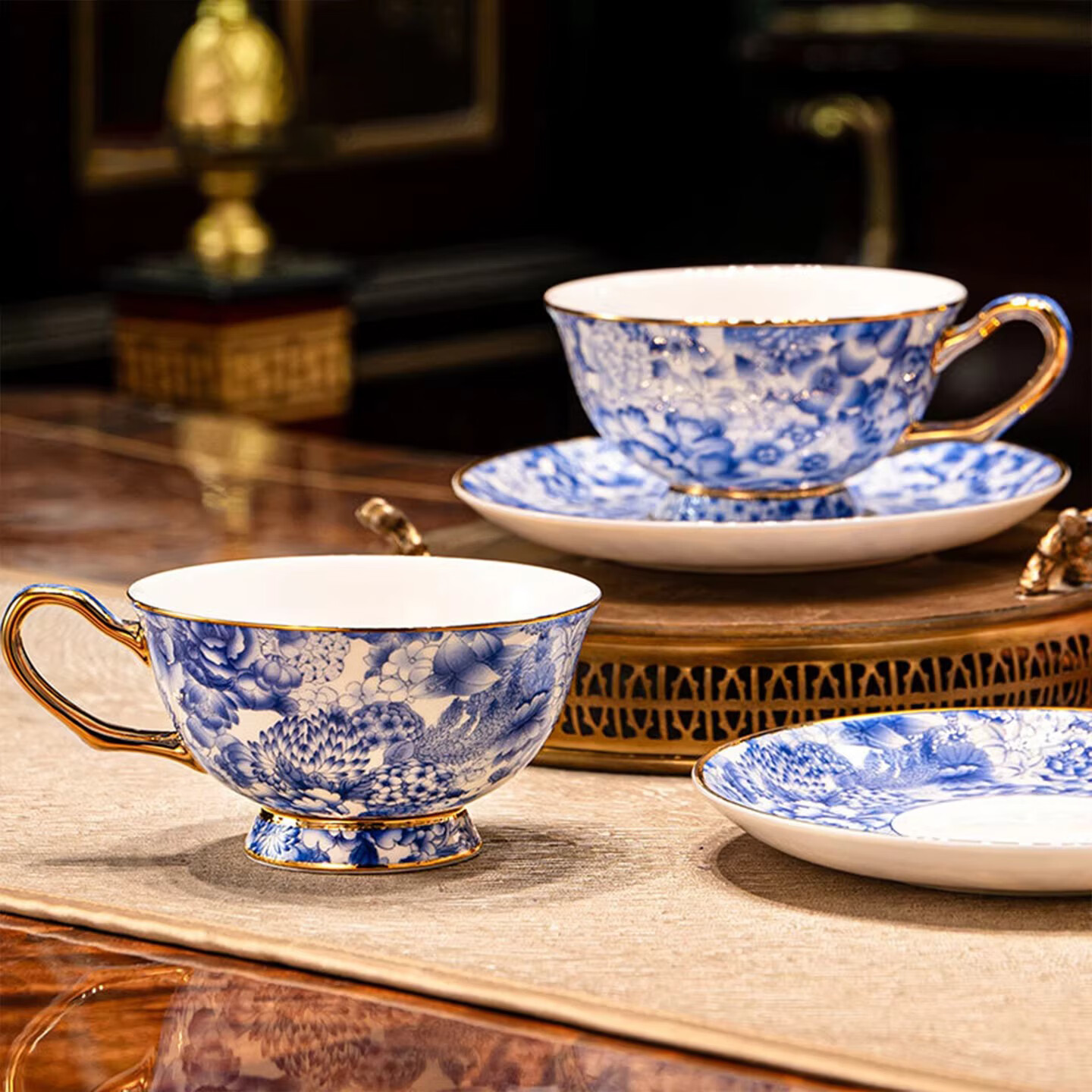 BOSSY景德镇国潮青花咖啡杯套装高档精致骨瓷杯子礼盒乔迁新婚伴手礼物 万花青花【满花款-6杯6碟】高级红礼盒