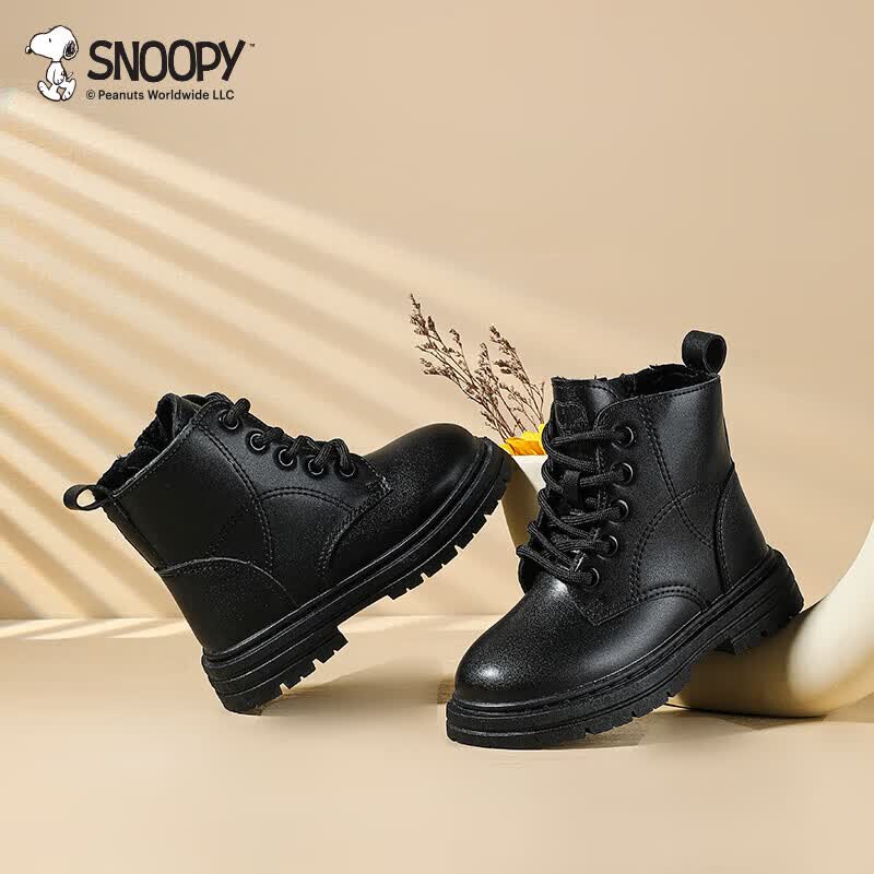 SNOOPY史努比童鞋儿童马丁靴冬季加绒保暖皮靴男女童靴中筒潮3930黑色33