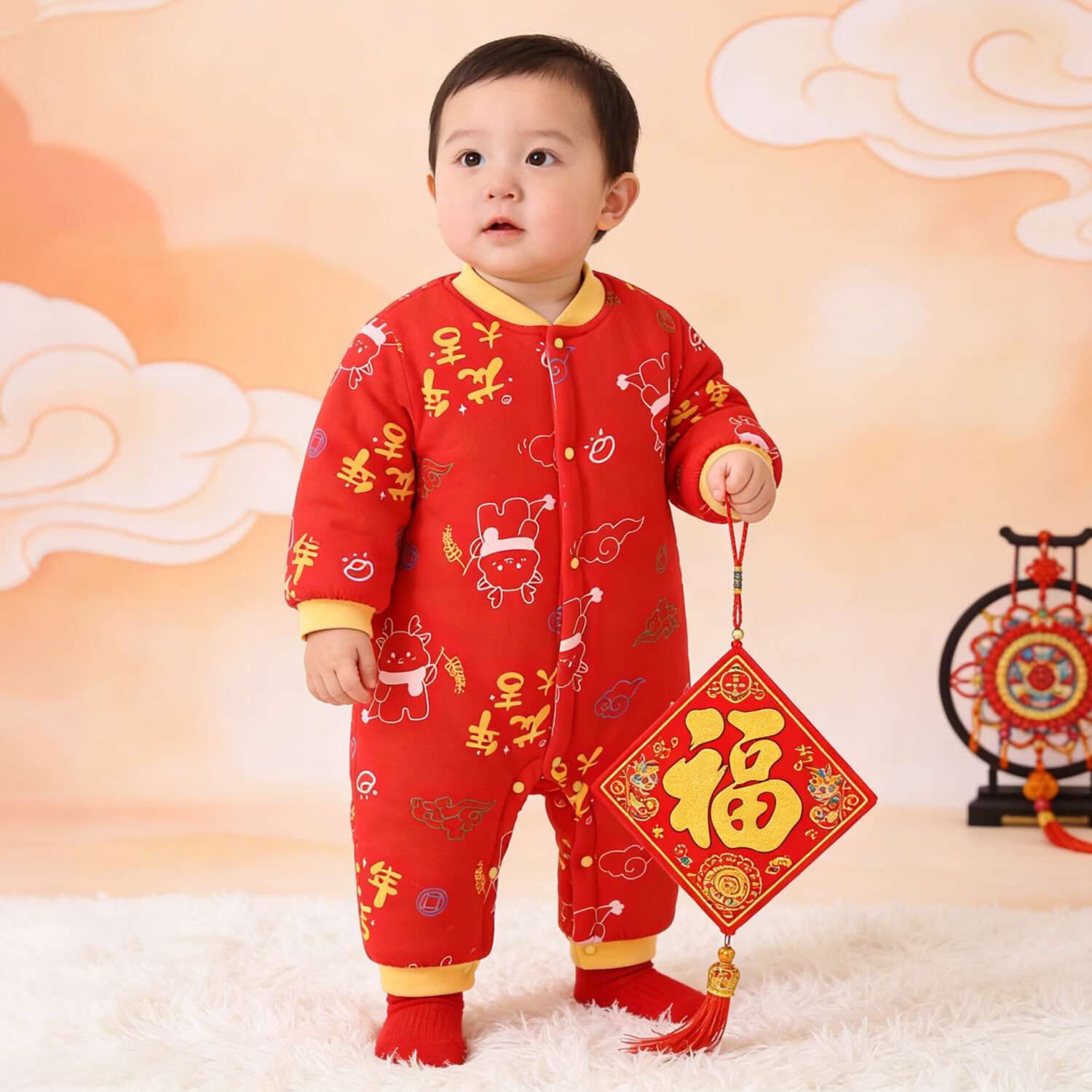 童米粒（TONMEELLY）婴儿衣服红色夹棉连体衣满月百天宝宝衣服拜年服卡通哈衣爬服 加厚乖乖龙 66cm