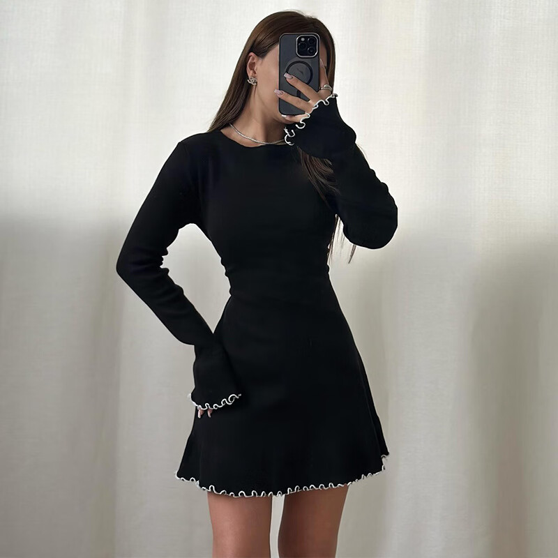 JPUZ欧美女装2026年秋季新款甜美清新圆领喇叭袖高腰显瘦连衣裙短裙 黑色 S