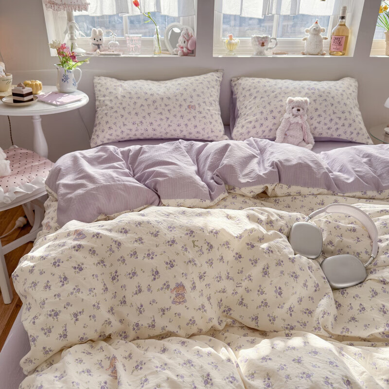 一默四件套2026款A类古法水洗仿棉云感纱被套床单床笠枕套家用四件套 花集小兔 2.0m 床单款 （被套200*230cm） 四件套