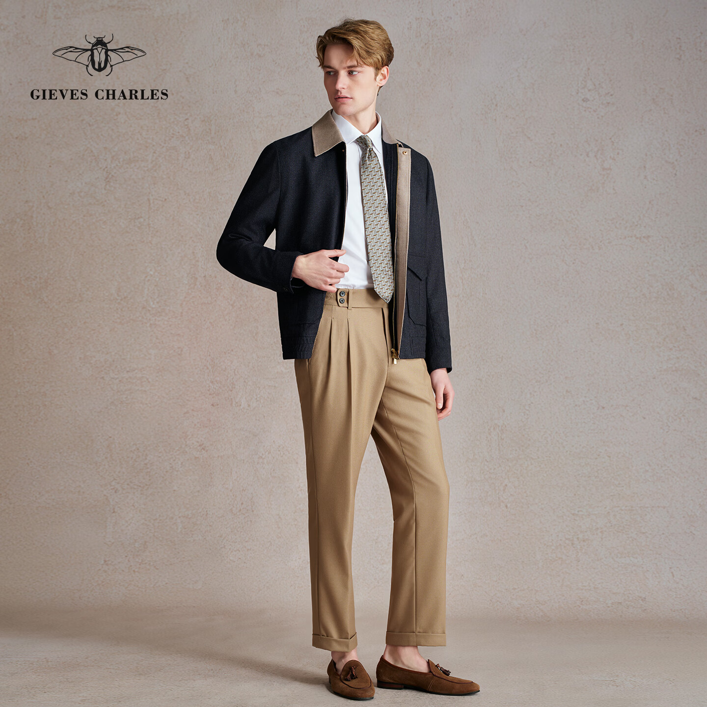 GIEVES CHARLES【早春新品】卡其色羊毛那不勒斯西裤时尚中高腰款双褶休闲西裤男 申布伦黄 量体定制
