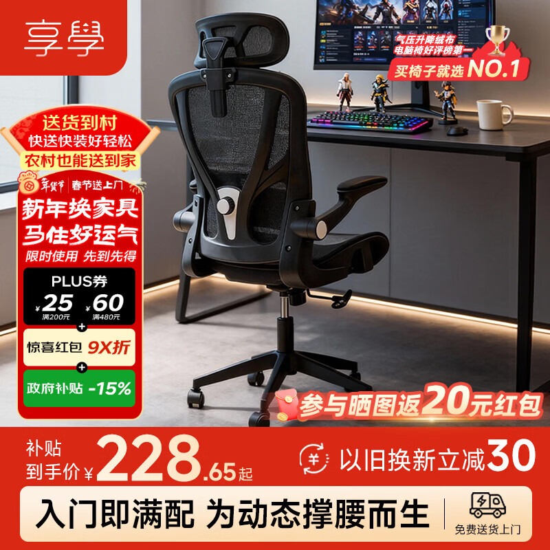 享学电脑椅人体工学椅电竞椅家用办公椅仿生大双背旋转腰托XC504黑色