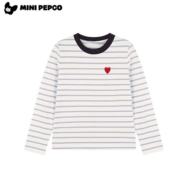 小猪班纳（PEPCO）女童条纹上衣春季2025新款韩版修身撞色条纹爱心圆领长袖T恤 灰蓝条纹 140 *建议身高130-140cm