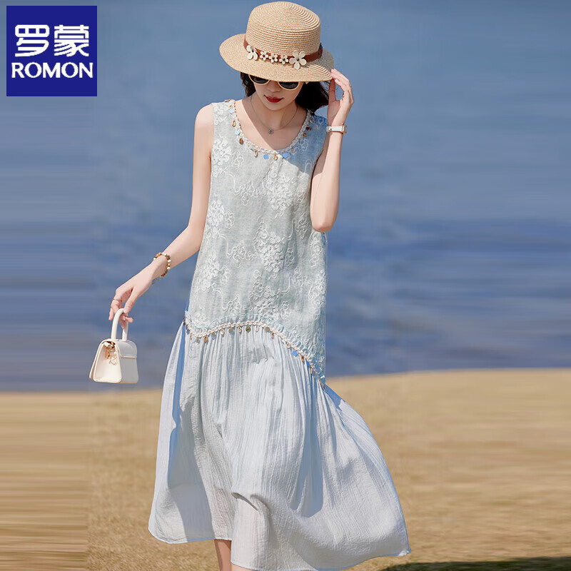 罗蒙（ROMON）高端亚麻棉麻无袖背心连衣裙女夏新款高级感海边度假显瘦雪纺长裙 蓝色 M  （100斤以内） 京东折扣/优惠券