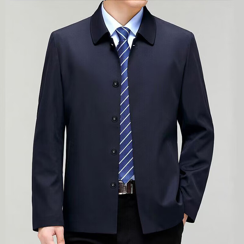 【春秋新款】2025新款秋季翻领男纯色夹克休闲夹行政商务宽松 藏青色【纽扣款】 5XL 建议190-210斤