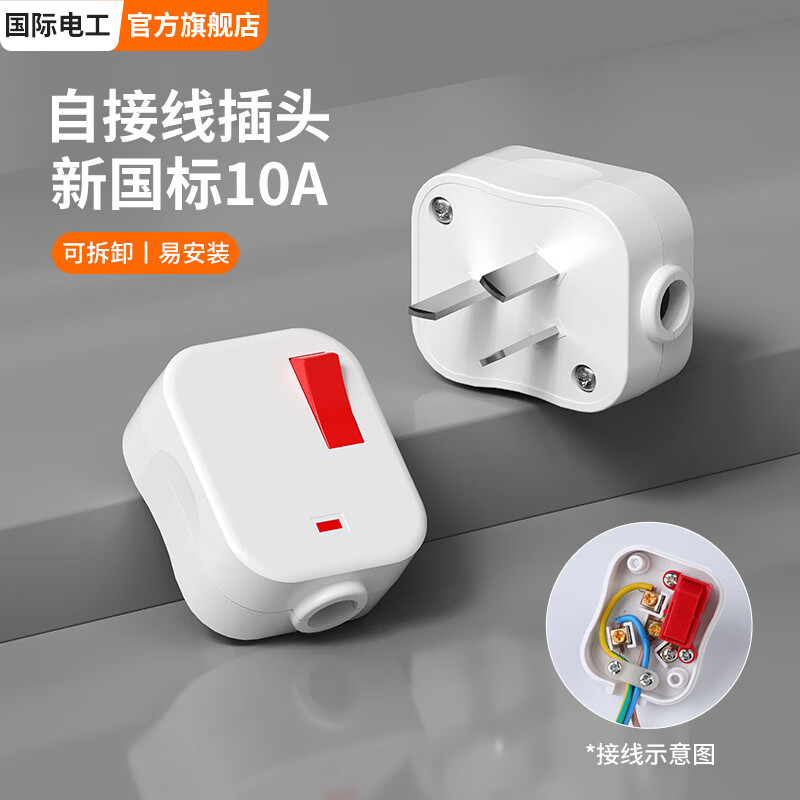 国际电工自接线10A插头新国标家用不带线空调三孔三角插3脚带开关一键断电 10A带开关带灯【白色】1只
