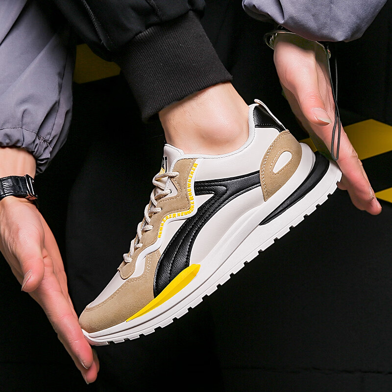 西域骆驼（VANCAMEL）鞋子男鞋2026秋冬季新款软底休闲鞋男士鞋百搭运动增高阿甘鞋板鞋 【官方正品 质量保证】米色配色 44