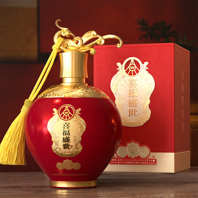 五粮液股份出品 喜福盛世锦绣 浓香型优级白酒 52度500mL 单瓶装