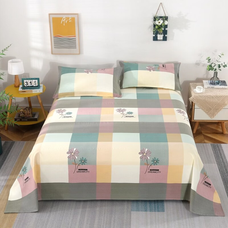 眷耐纯棉老粗布床单220x240cm单件加厚全棉单双人大尺寸大炕单家用 暖扇叶子【四季好用】 三件：大床单+2只枕套 350cm*240cm