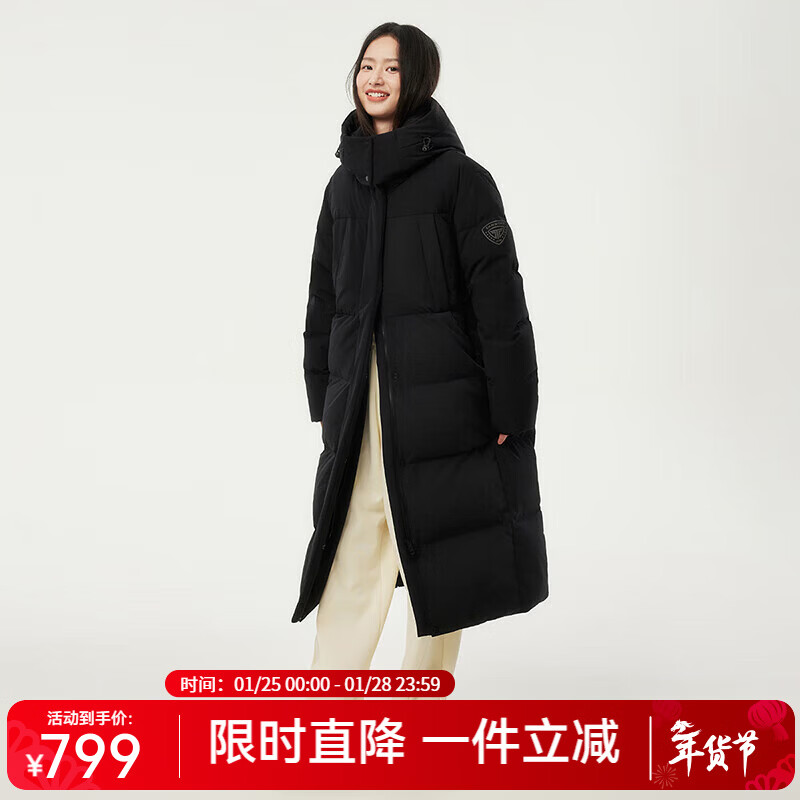 坦博尔长款羽绒服女过膝可脱卸帽冬天保暖加厚外套TBF550836T 黑色 S (160)