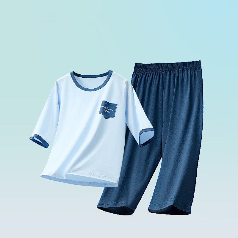 猫人(MiiOW)莫代尔男童睡衣女孩大童冰丝夏季天薄款儿童空调服装青少年家居服 蔚蓝字母 120 建议身高106-115cm