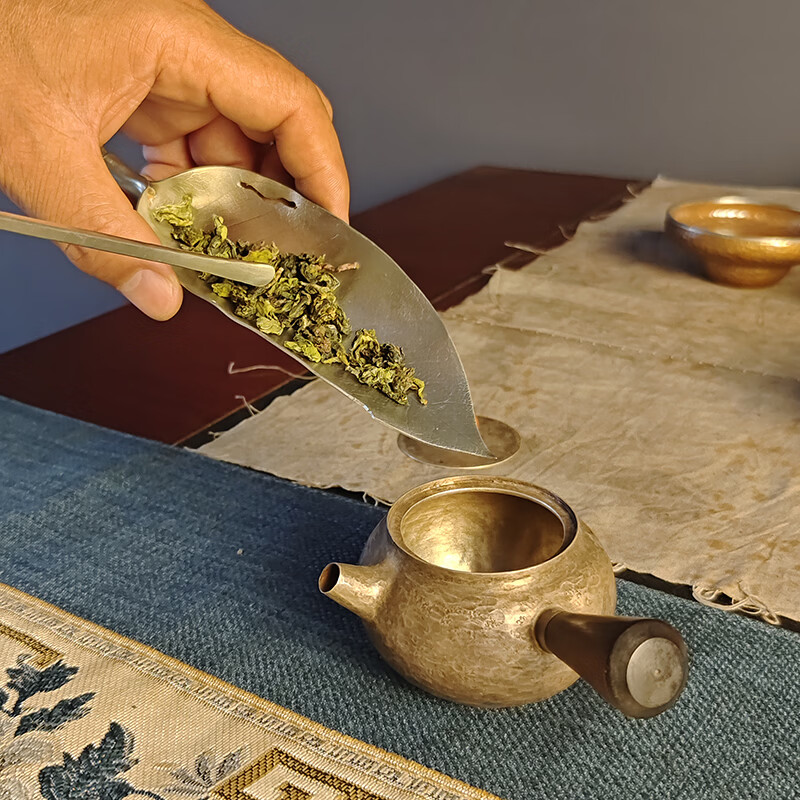 纯锡手工树叶造型锤纹茶则茶匙茶拨套组复古功夫茶具配件 纯锡叶子茶则茶拨套装