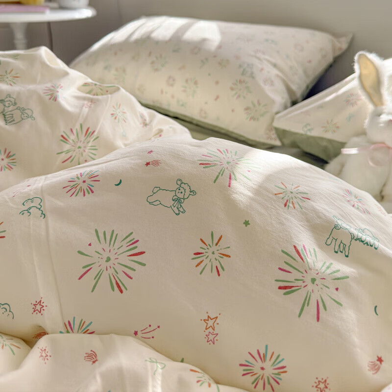 一默四件套2026款A类古法水洗仿棉云感纱被套床单床笠枕套家用四件套 烟花星语 2.0m 床单款 (被套200*230cm) 四件套