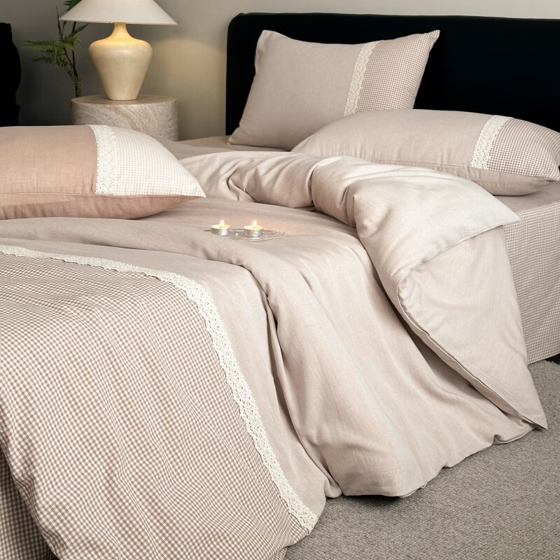 ROLAND LIVE全棉水洗棉格纹四件套高级感花边被套床单亲肤透气四季床上用品 YYG全棉水洗棉四件套-午后格调浅咖 1.5米床 床单款 【被套200*230cm】