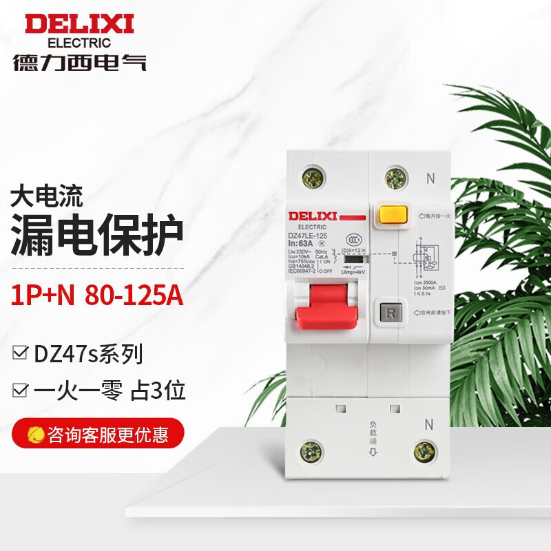 德力西电气（DELIXI ELECTRIC）漏电保护器 DZ47S大电流125A漏保空开 单相三相断路器 1P+N 80A