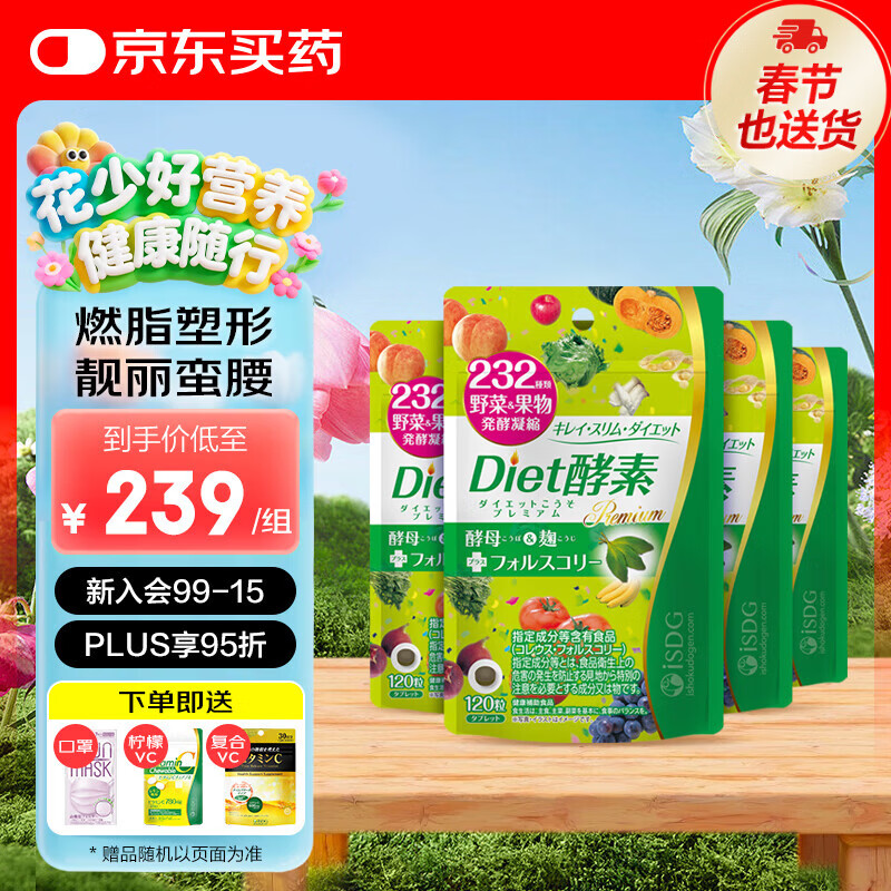 ISDG日本进口Diet酵素232种果蔬植物发酵含弗斯可林左旋肉碱燃脂塑形 Diet酵素4袋装 120粒*4袋