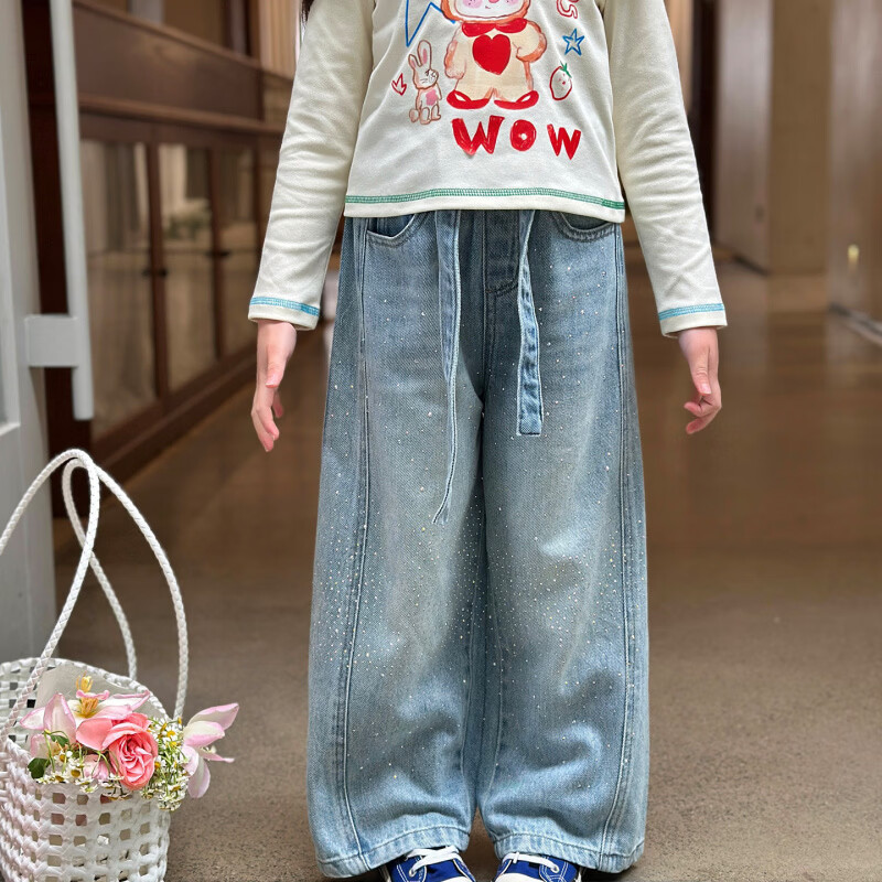 栀了成长记女童装宽松烫钻直筒裤2026春季儿童韩版时髦百搭牛仔裤 蓝色 裤子 160 cm
