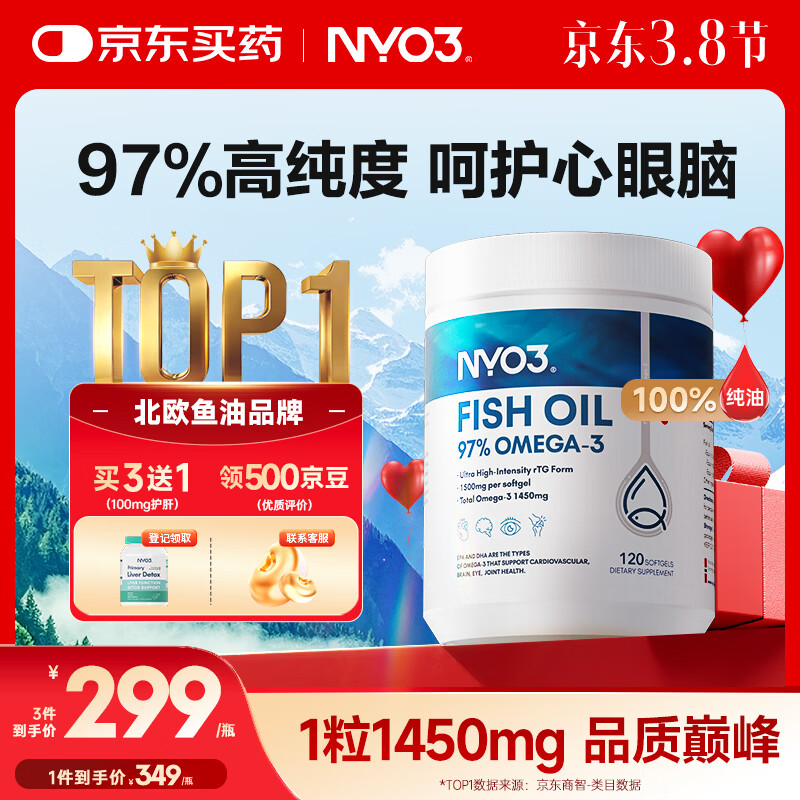 NYO3 97%高纯度rTG结构深海鱼油胶囊 1450mgOmega-3 EPA+DHA 120粒/瓶