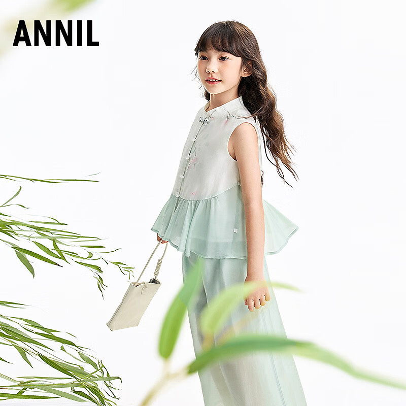 安奈儿（Annil）【天丝国风套装】童装女童夏款立领盘扣荷叶边新中式阔腿裤套装 绿调花 140