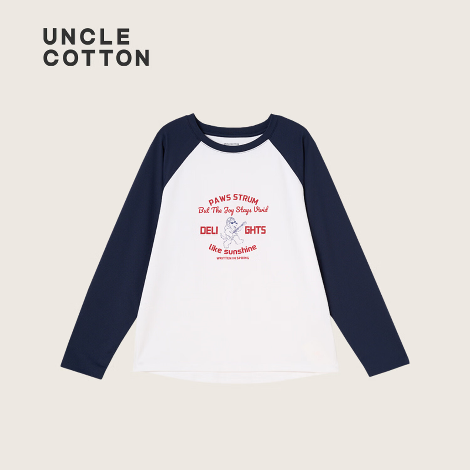 棉叔叔【小气孔防晒长T】棉叔叔女童春夏圆领撞色插肩袖男童长袖T恤2.24 米白藏青 120 120