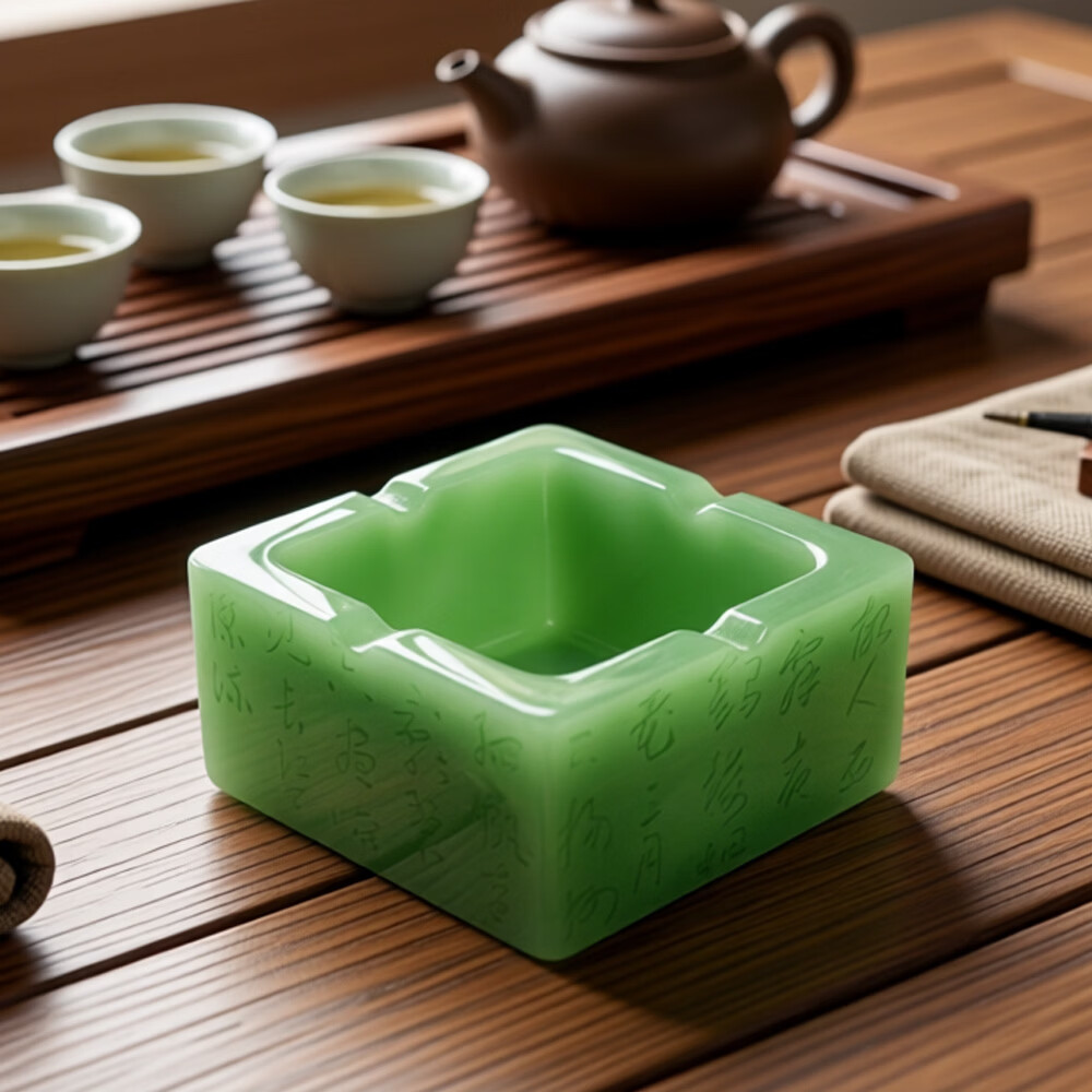 中式古风诗词创意个性烟灰缸装饰摆件客厅茶几桌面树脂仿玉装饰 仿玉-绿