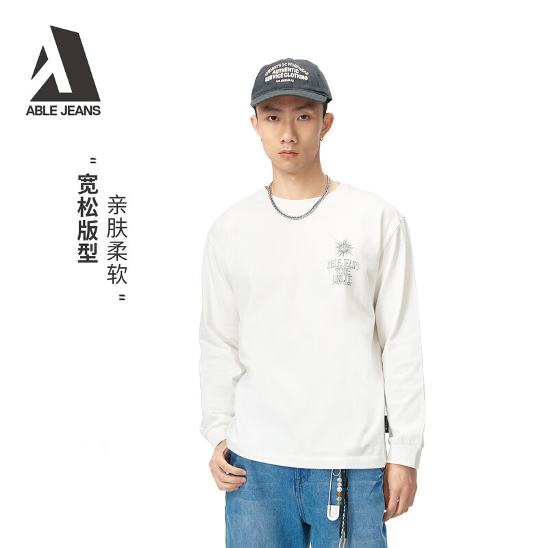 ABLE JEANS26春新款男装长袖T恤纯棉透气柔软宽松印花休闲打底衫 象牙白 M