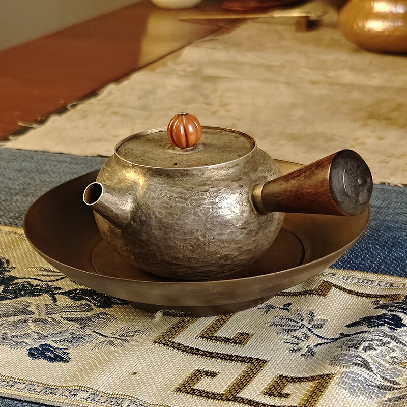 日式纯紫铜喜字双层小壶承干泡台茶垫锤纹做旧茶室防烫圆形杯垫 紫铜小寿字建水（咖色）
