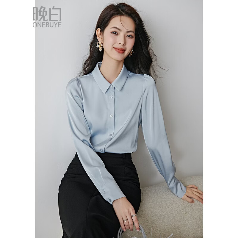 晚白2026年春款经典翻领面试公考正式场合衬衣缎面垂顺职场通勤蓝衬衫 天空蓝 L