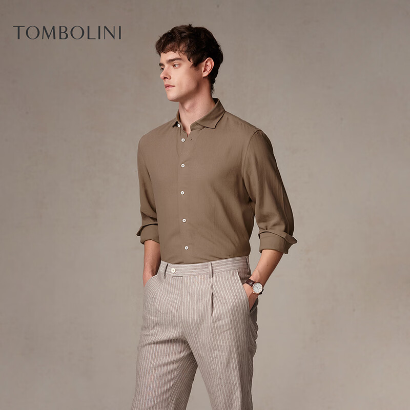 东博利尼新款亚麻长袖衬衫男咖色休闲时尚 咖色 41