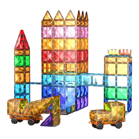 活石新年禮物兒童磁力片3-6歲積木磁力兒童磁鐵玩具益智磁吸方塊1-3歲 彩窗200件【含小車(chē)*3+軌道電車(chē)*1豪華裝】 2-3-6-12歲兒童生日禮物