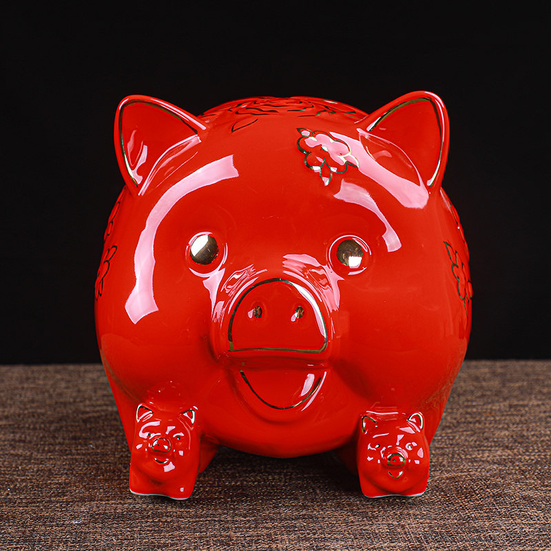 萌趣生肖猪陶瓷存钱罐 纳财进宝创意摆件 客厅玄关开业乔迁好礼 不存不取红色蝴蝶猪18x13x15cm