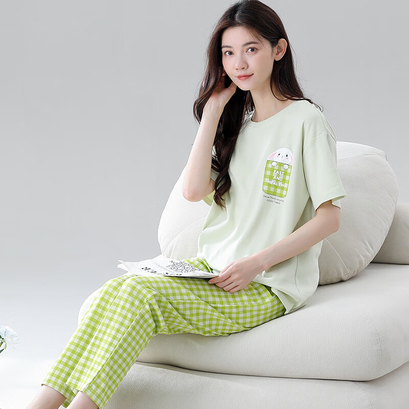 赤狐魅纯棉家居服两件套宽松舒适100%棉可外穿睡衣圆领上衣带口袋裤子 浅绿色 2XL