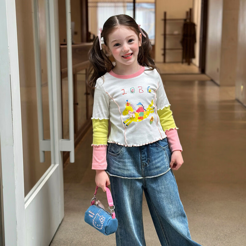 栀了成长记女童装撞色拼接长袖上衣2026春季儿童卡通可爱印花T恤 蓝色 牛仔裤 110 cm