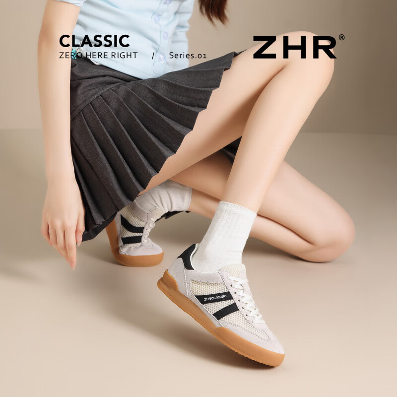 ZHR则则板鞋女网面透气休闲时尚德训鞋新款平底经典百搭系带小白鞋女 灰黑色 【网面四季款】 37