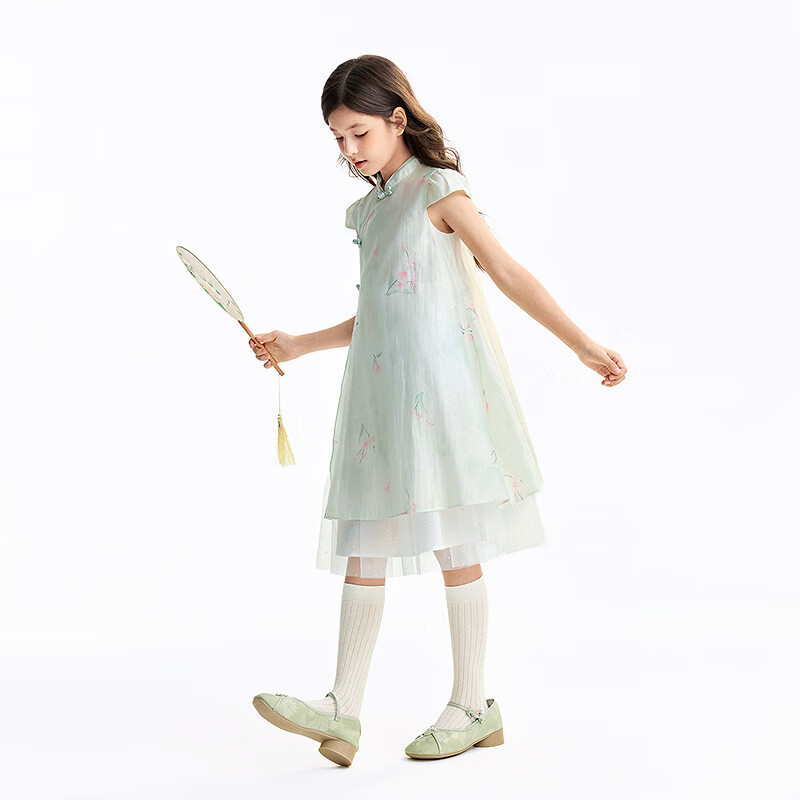 安奈儿（Annil）【网纱拼接天丝裙】童装女童夏款新中式盘扣旗袍领写意国风连衣裙 绿调花 130