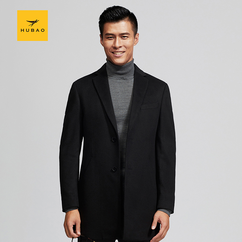 虎豹男装冬男士纯色中长款羊毛大衣黑色时尚休闲外套 黑色翻领 领巾袋