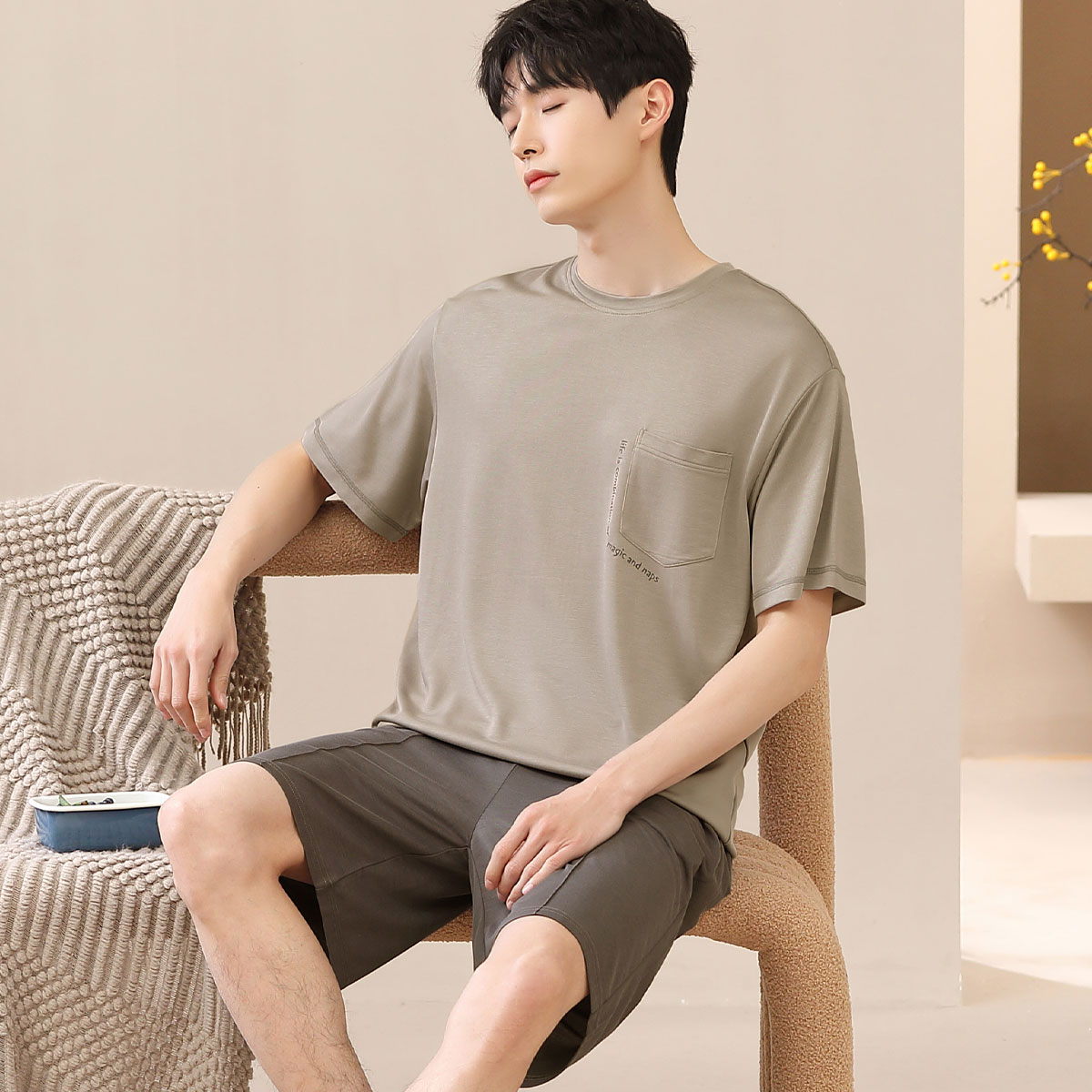 香蜜闺秀（GOSO）男士家居服短袖舒适可外穿睡衣套装 2454008卡其色 XL 175