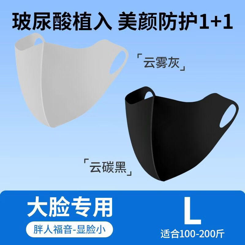 万宝绿冰丝防晒口罩男女大脸专用夏季薄款防紫外线口罩加大加宽2026新款 加大加宽【云碳黑+云雾灰】透气不勒
