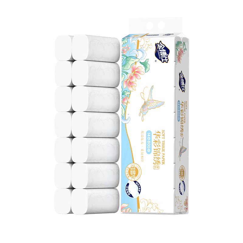 金博仕华彩锦绣卷纸无芯可湿水5层800g/14卷加厚木浆卫生纸家用厕所纸巾