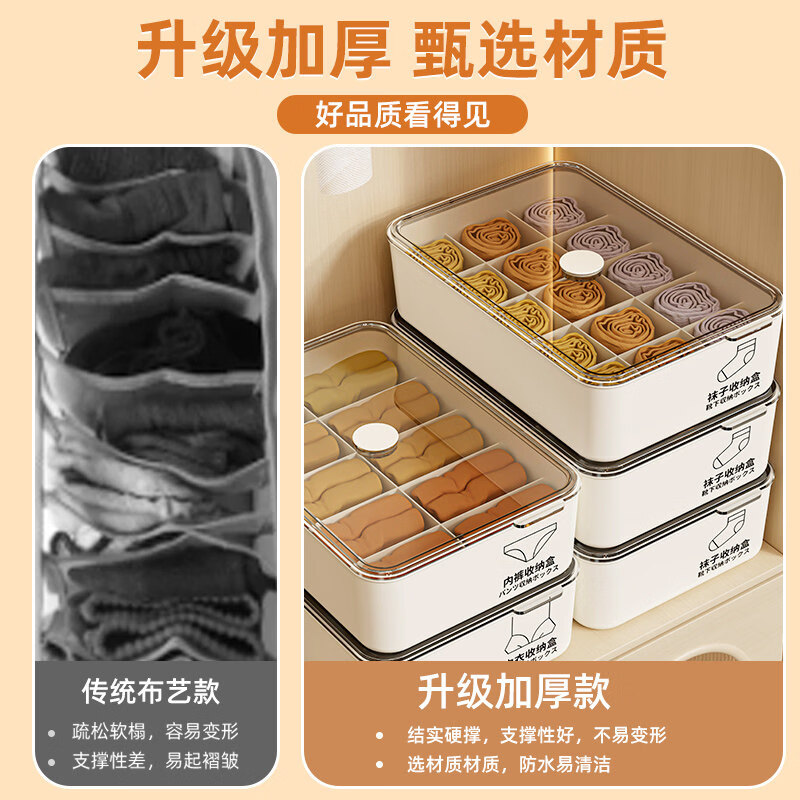 艾仕可(ASCOR)内衣内裤收纳盒家用宿舍衣柜装袜子三合一储物贴身衣物分格整理箱 无盖【内衣盒 无格】亲肤无异味